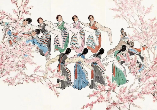 葉淺予高原之春紙本設(shè)色211cm×98cm、211cm×105cm、211cm×98cm1964年